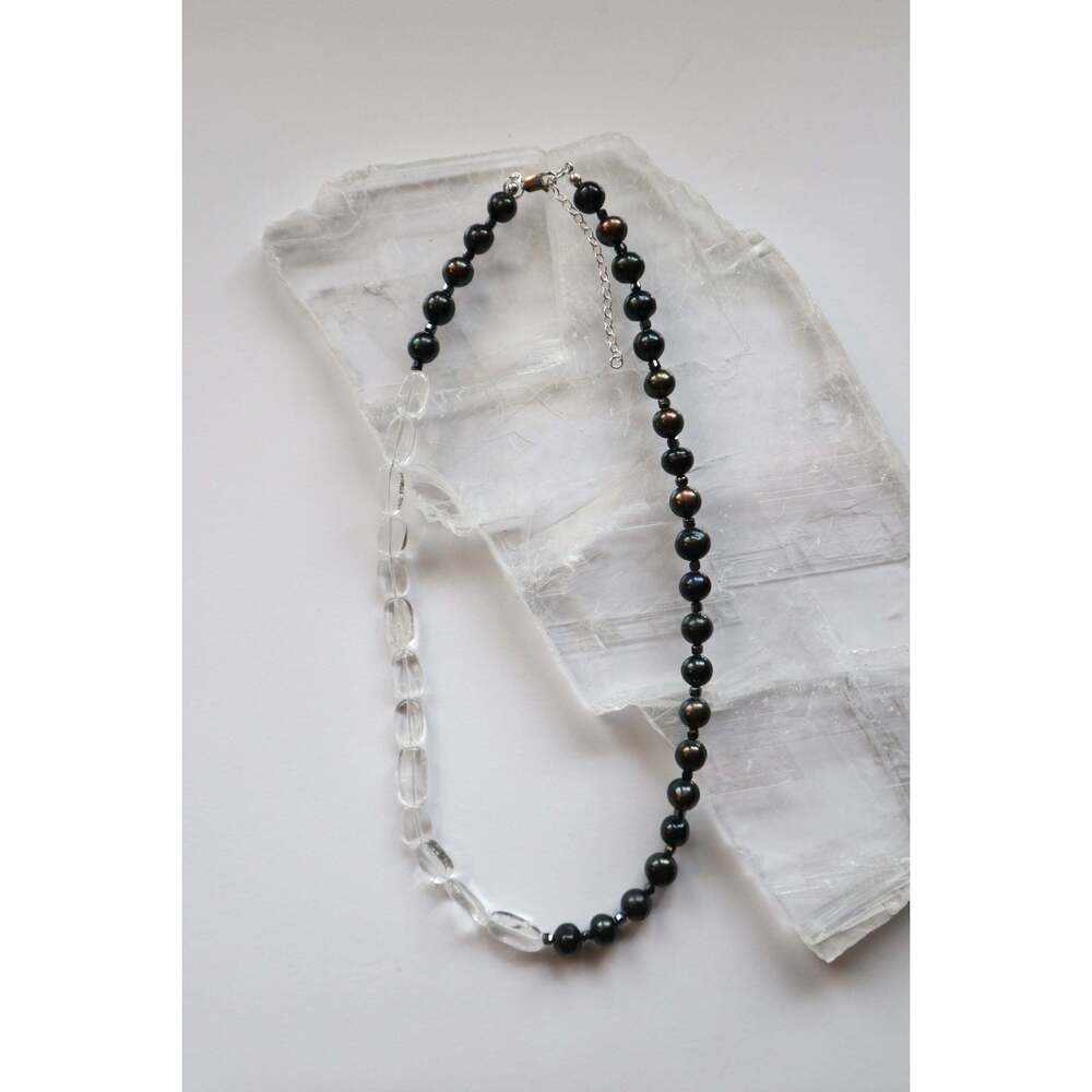 Tashira – Clear Quartz, Hematite, & Black Pearl Necklace – 18"